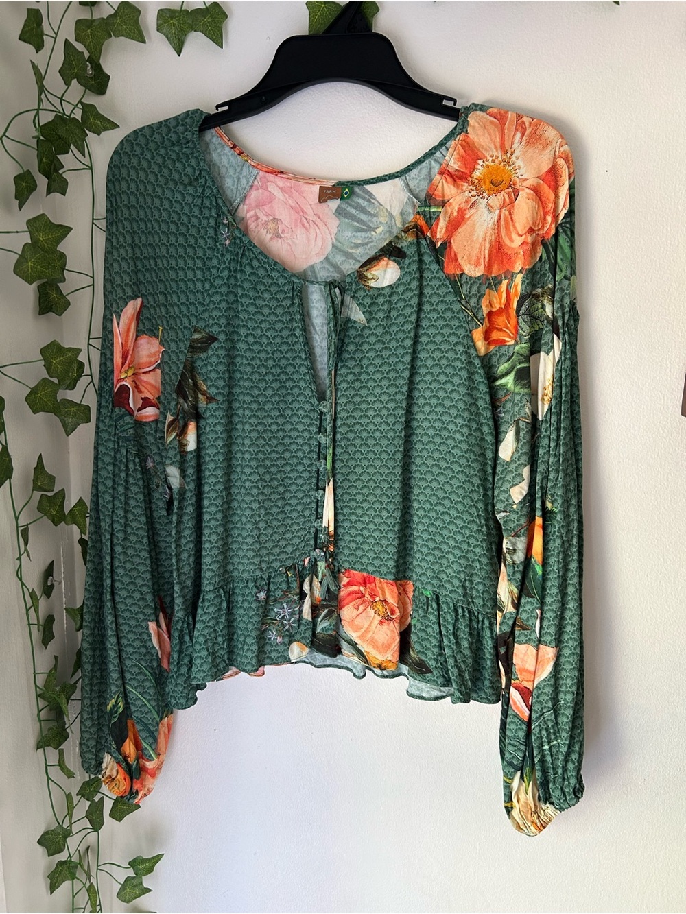 FARM Rio Green Floral Tie-Front Blouse with Orange Blooms Size M